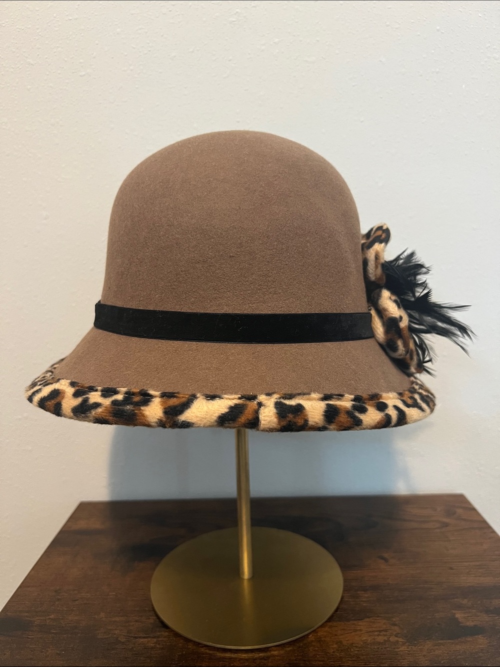 ADORA Brown Cloche Hat with Leopard Trim and Feather Detail - Picture 3 of 6